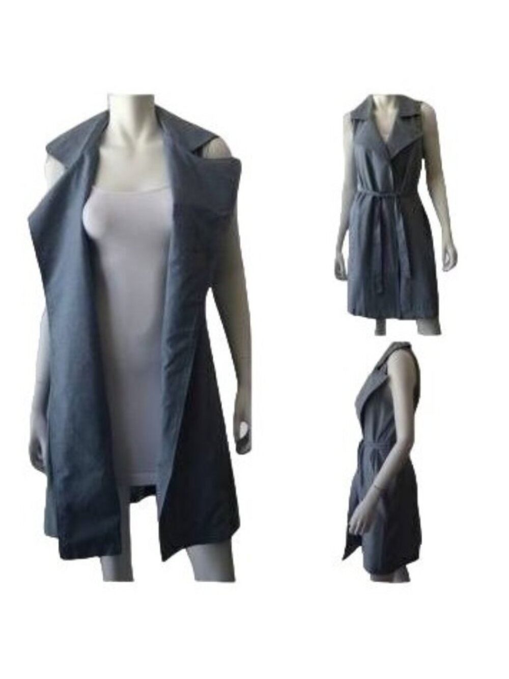 Hem & Thread Denim Sleeveless Duster With Tie Belt
